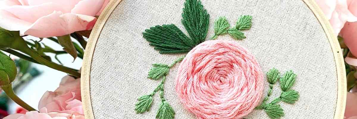 Hand Embroidered Pink Rose and Green Leaves