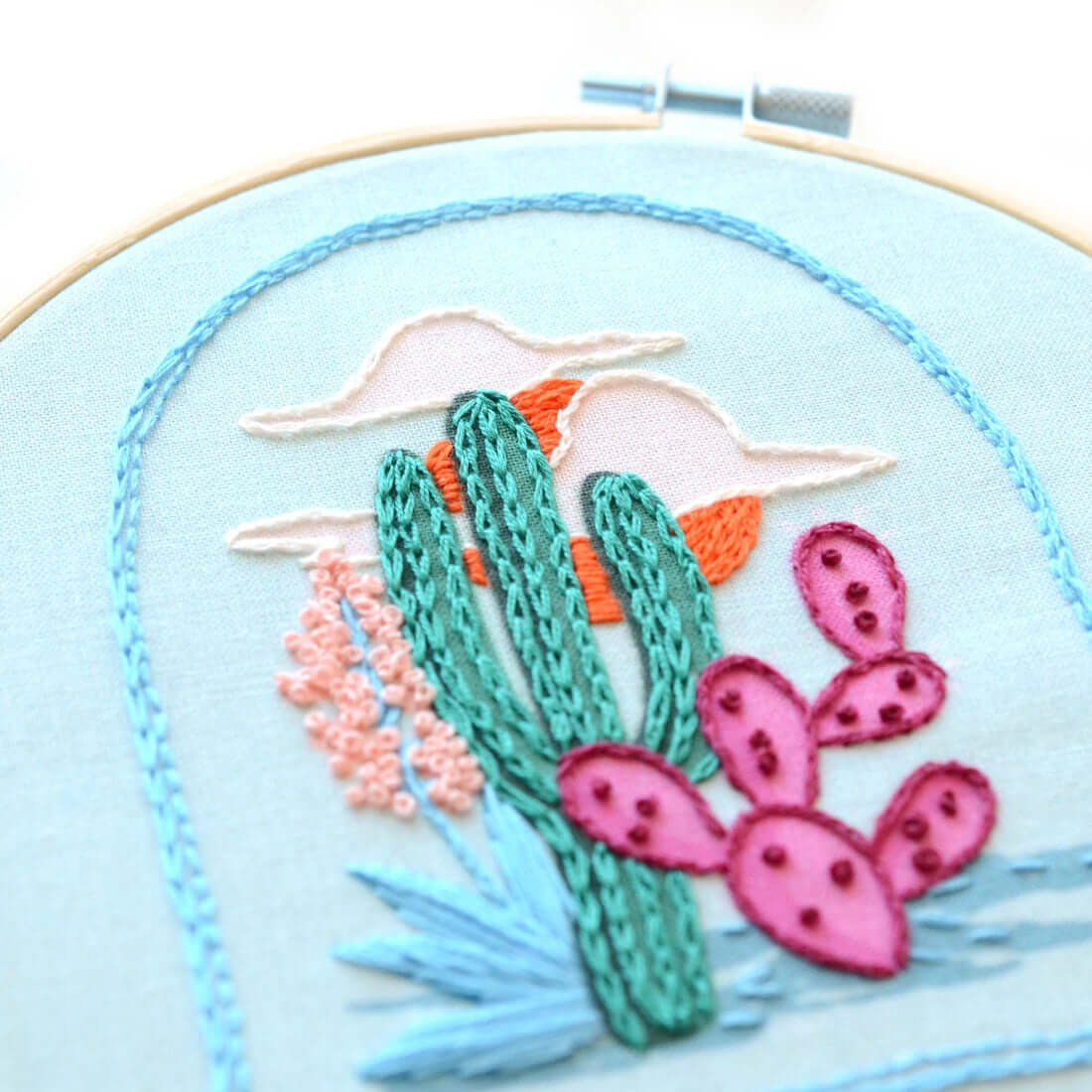 Embroidered cactus on blue fabric DIY hand embroidered patch kit