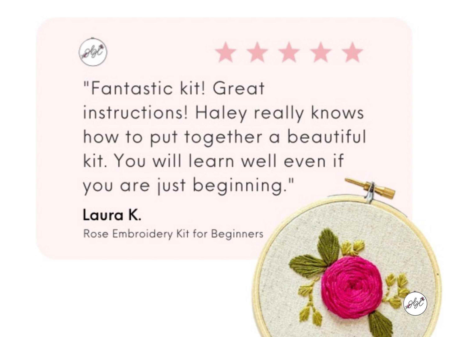5-star customer testimonial for a DIY Rose Beginner Embroidery Kit