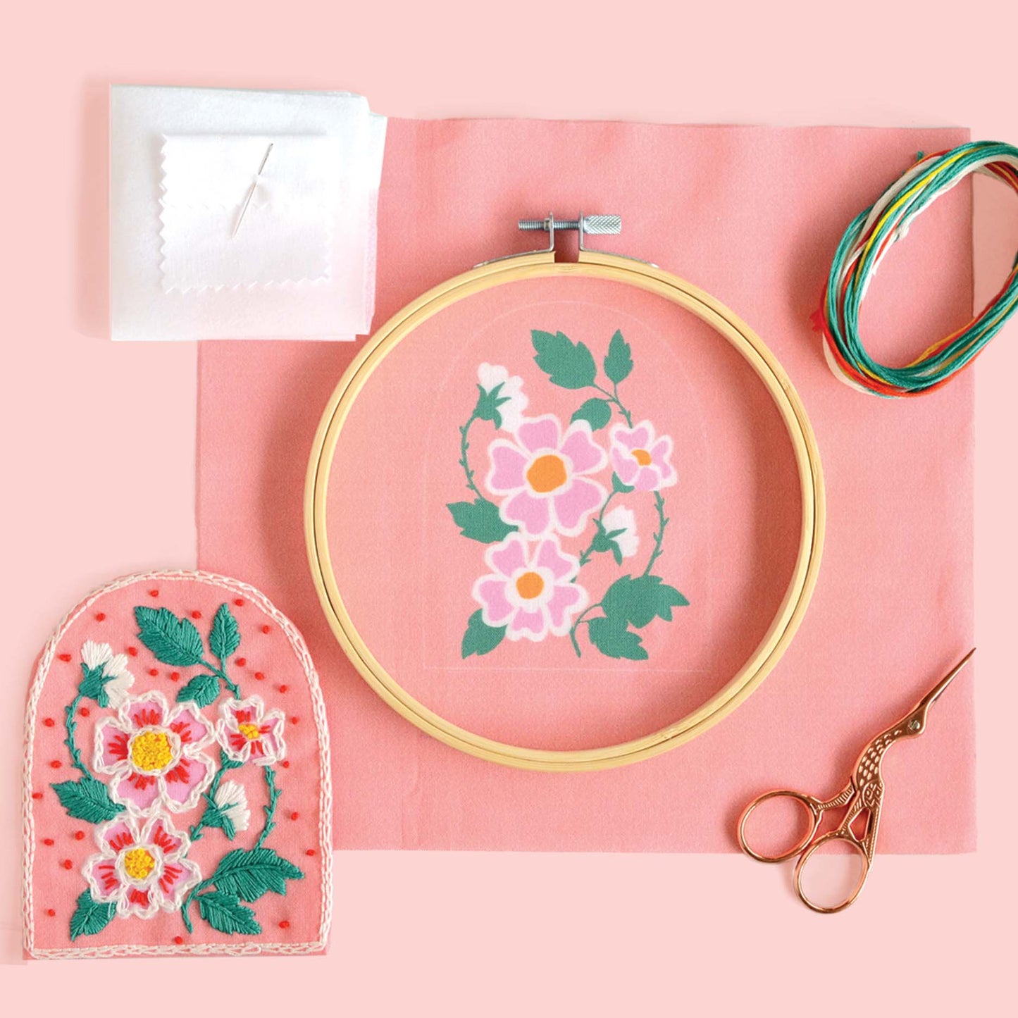 Hand embroidery pink flower patch kit