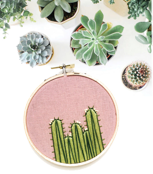 Cactus Embroidery Hoop art next to potted succulents.