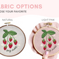 Strawberry embroidery designs on natural and pink fabric color options