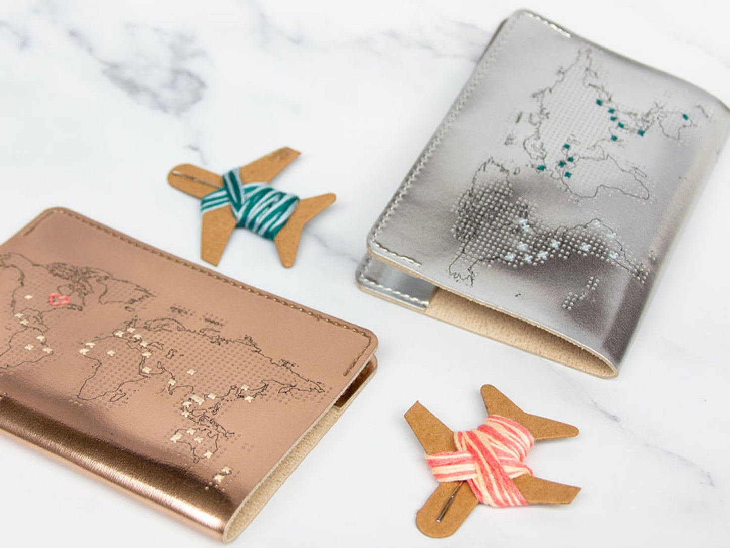 Stitch Where You've Been Passport Cover Kit in silver and rose gold from Chasing Threads