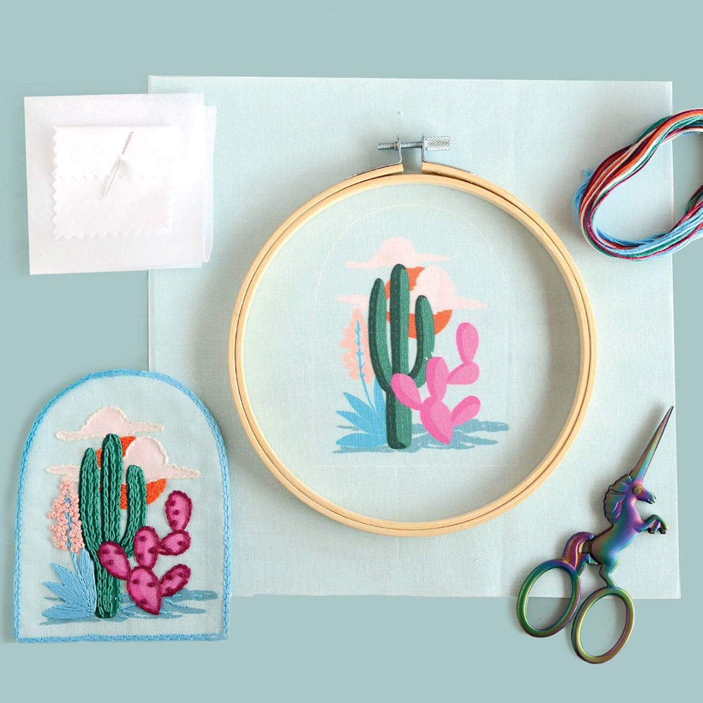 DIY cactus embroidered patch kit supplies