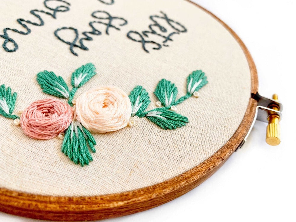 Let's Stay Home Embroidery Pattern with embroidered pink roses